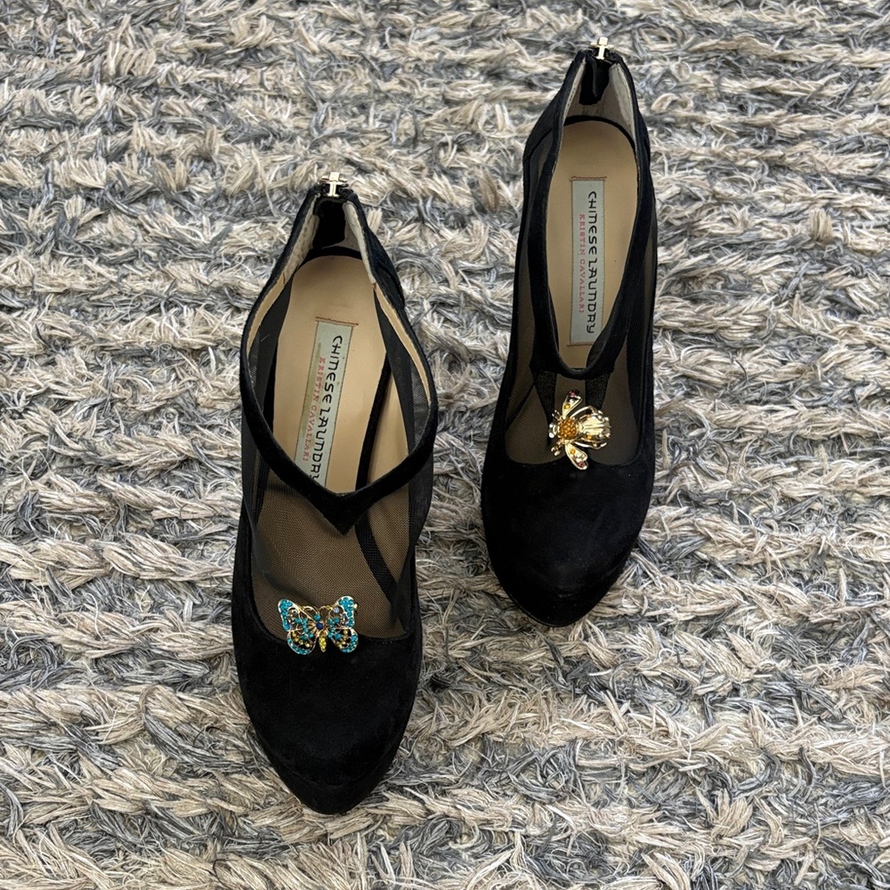 Chinese Laundry Black Suede & Mesh Heels with Removable Crystal Accents, Size 6 - Picture 2 of 10
